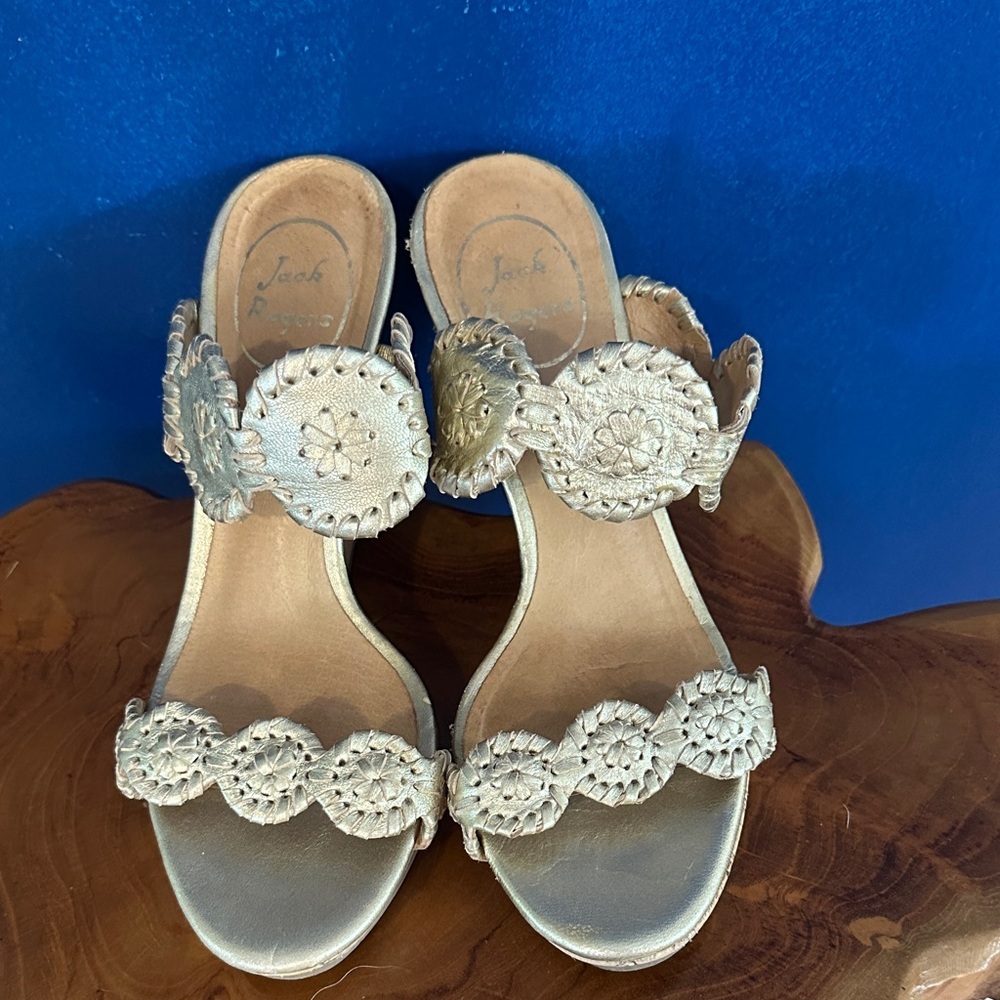 Women’s Jack Rogers Leather Gold Metallic Wedge Sandals Size 6.5M